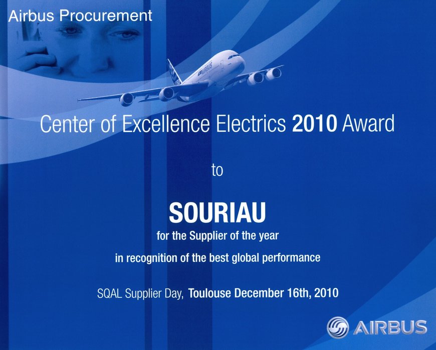 A SOURIAU foi galardoada, pela quarta vez, com o Prémio de Melhor Fornecedor da AIRBUS na categoria de componentes eléctricos standard